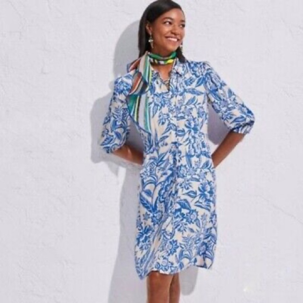 CAbi Athena dress Blue Cream Floral Button Front Shirt Pockets